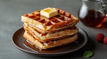 Stack of waffles with butter and syrup photo