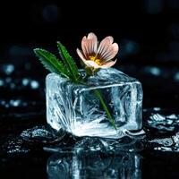 A delicate flower frozen in a block of ice, melting on a dark surface photo
