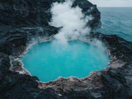Geothermal pool with steaming water surrounded by volcanic rock photo