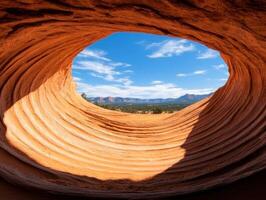 View of a desert landscape through a sandstone tunnel photo