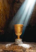 A golden chalice sits in a cave illuminated by a beam of light photo