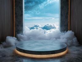 A circular marble platform surrounded by clouds with a celestial sky background photo