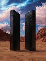 Two monoliths in a desert landscape under a cloudy sky photo