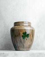 An ornate urn with a shamrock design sits on a shelf photo