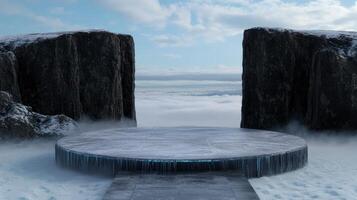 Icy platform with mountain backdrop and cloudy sky photo