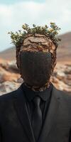 A surreal man with a head made of bark and flowers in a suit stands in a desert landscape photo