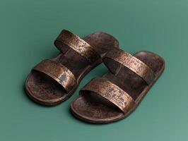 Pair of bronze sandals on a green background photo