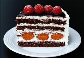 A slice of chocolate layer cake with raspberries and oranges on a white plate photo