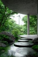 A zen garden with stepping stones leading to a modern building and a wind turbine in the background photo