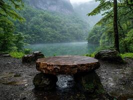 A serene lake surrounded by lush green forest on a misty day photo