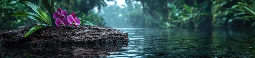 Orchids on a log in a tropical rainforest during a rainstorm photo