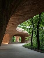 Modern architectural structure blending with nature in a forest setting photo