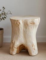 A whitewashed tree stump side table adds rustic charm to any room photo