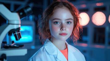 Young scientist in a laboratory with a microscope photo