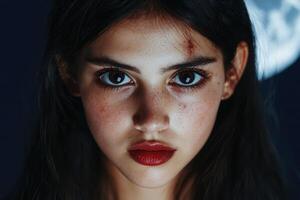 Close up portrait of a woman with intense gaze and striking features photo