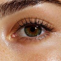Close up of a hazel eye with long lashes and a defined eyebrow photo