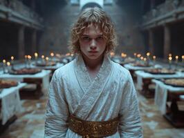 A young person in a robe standing in a hall with tables and candles photo