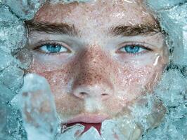 Close up of a persons face surrounded by ice, showcasing freckles and blue eyes photo