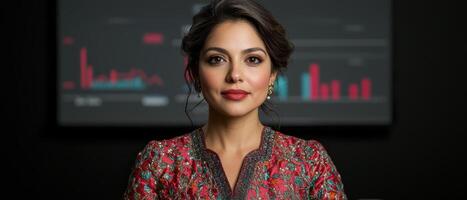 A businesswoman in front of a screen with financial data photo