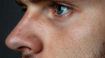 Close up of a mans face showing skin texture and detail photo