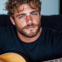 A man with a guitar looking at the camera photo