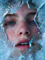 A womans face framed by shattered ice, creating a striking and ethereal portrait photo