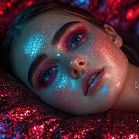 Close up of a womans face with glitter makeup photo