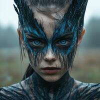 A woman with striking blue face paint stares intensely at the viewer photo