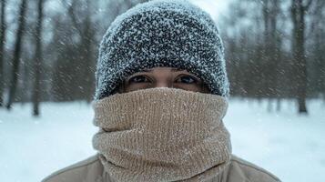 A person bundled up in winter clothing during a snowstorm photo