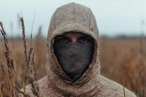 Mysterious person in a hooded mask standing in a field photo