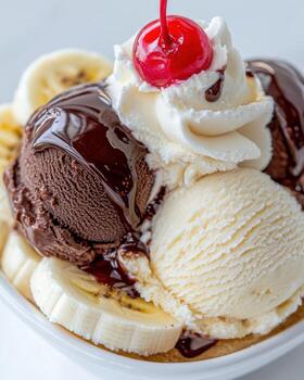 A delicious banana split sundae with chocolate and vanilla ice cream photo
