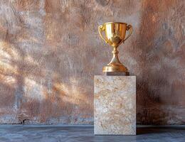 Golden trophy on a marble pedestal against a textured wall, symbolizing success and achievement photo
