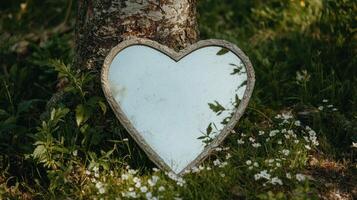 Heart shaped mirror leaning against a tree in a field of flowers photo