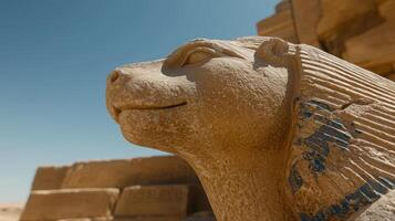 Close up of a weathered Sphinx statue against a clear sky photo