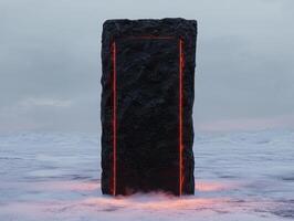 Mysterious monolith with glowing red edges standing in a snowy landscape photo