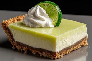 A slice of key lime pie with whipped cream and a lime wedge photo