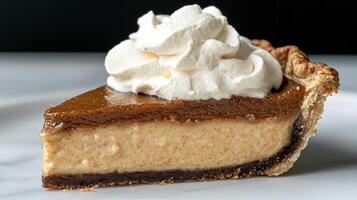 Slice of custard pie with whipped cream on a white surface photo