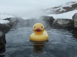 A yellow rubber duck floats in a hot spring surrounded by rocks and snow photo