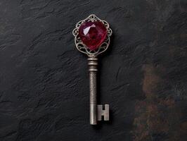 A vintage key with a heart shaped ruby on a dark textured background photo