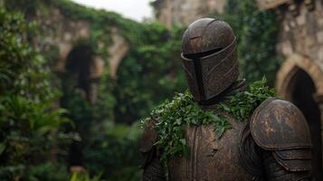 An armored knight stands guard in a lush, overgrown courtyard photo