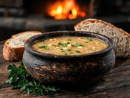 A bowl of hearty soup with bread by the fireplace photo