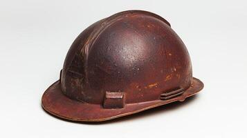 A weathered and worn construction helmet sits on a white surface photo