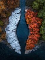 Aerial view of a river flowing through a rocky gorge with autumn foliage photo