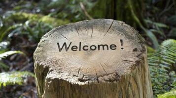 A welcome message carved into a tree stump in a forest photo