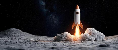 A rocket launches from the surface of a planet photo