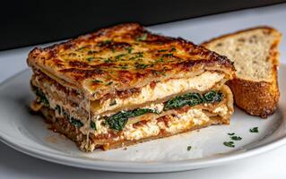 A delicious slice of lasagna with a side of bread photo