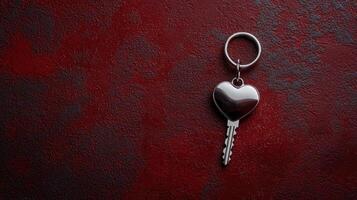 Heart shaped key on a red textured background photo