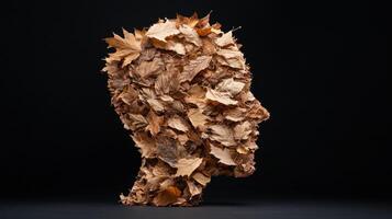 Head in profile made of autumn leaves on black background photo
