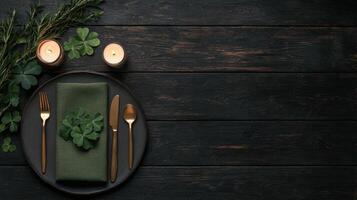 St Patricks day place setting with shamrocks and candles on a dark wood background photo