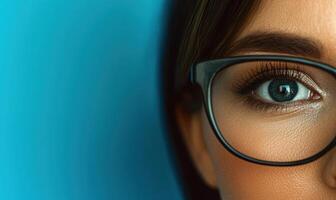 Close up of a womans eye with glasses photo